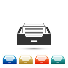 Drawer with documents icon isolated on white background. Archive papers drawer. File Cabinet Drawer. Office furniture. Set elements in colored icons. Flat design. Vector Illustration