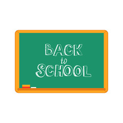 Fototapeta premium Vector illustration of Back to school text design - handwritten chalk sign on green blackboard with wooden frame isolated on white background. Flat class equipment with welcome sign.