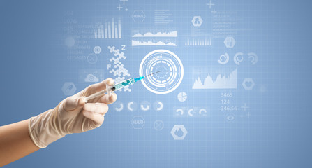 Female doctor hand holding syringe with research data graphic