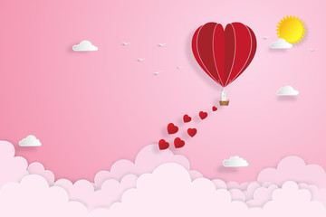 Fototapeta na wymiar The lover in hot air balloons on pink sky and sunrise background as love , wedding, valentine, design paper art and craft style concept. vector illustration