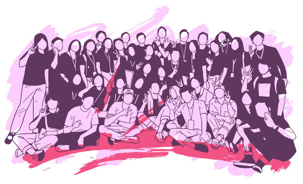 Illustration of young people, friends, classmates, students, colleagues, family posing for group photo	