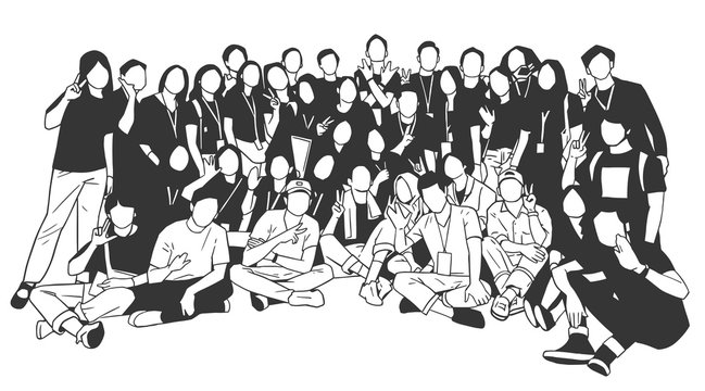 Illustration of young people, friends, classmates, students, colleagues, family posing for group photo	