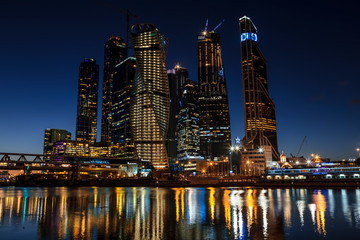 View of the Moscow International Business Center from the quay of Taras Shevchenko at night. Moscow, Russia