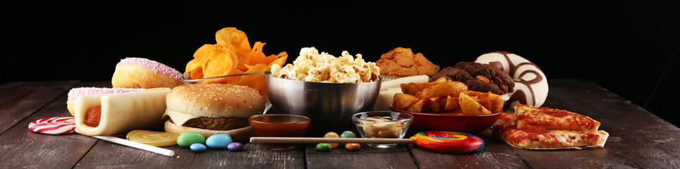 Unhealthy products. food bad for figure, skin, heart and teeth.