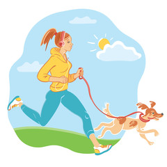 Active young woman jogging with her dog