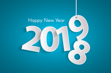 Turquoise Happy New Year 2019 concept with paper cuted white numbers on ropes. Vector illustration