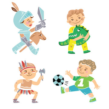 Set of four little boys playing in various costumes.