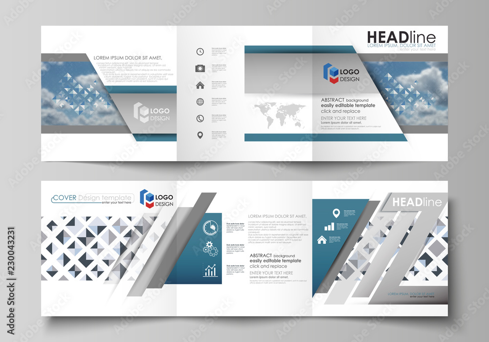 Poster business templates for tri fold square brochures. leaflet cover, flat style layout. blue color patte