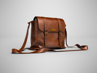 Brown leather postal bag with parcels 3d render on gray background with shadow