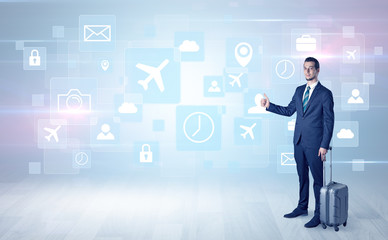 Businessman departs to a business trip with social media and travel symbol concept
