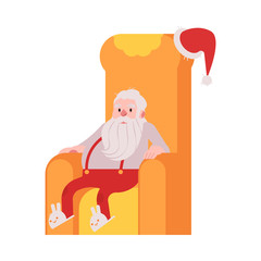 Vector illustration of Santa Claus in slippers sitting in home armchair and resting isolated on white background. Christmas and New Year congratulation symbol in flat style.