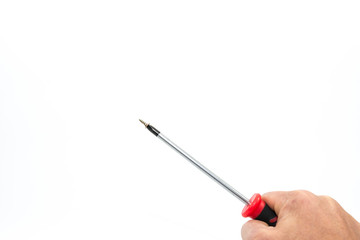 Caucasian male hand holding a screwdriver with a small screw on white background.
