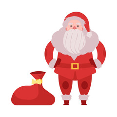 Vector illustration of Santa Claus in red costume and hat standing with big bag of gifts and presents isolated on white background - Christmas and New Year congratulation element in flat style.