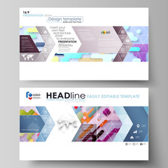 Business templates in HD format for presentation slides. Abstract vector design layouts. Bright color lines and dots, colorful minimalist backdrop, geometric shapes, beautiful minimalistic background.