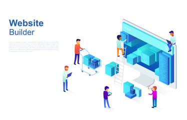 Team of programmers makes web page design, site structure. Business concept of developing UI / UX design, Seo optimization. Isometric vector illustration isolated on white background.