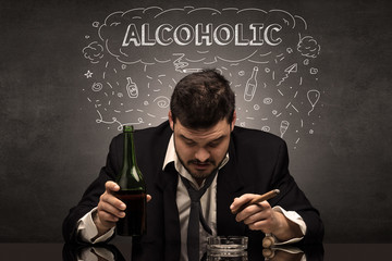 Loser drunk man with drinking, drug, hangover, alcoholic drugs concept
