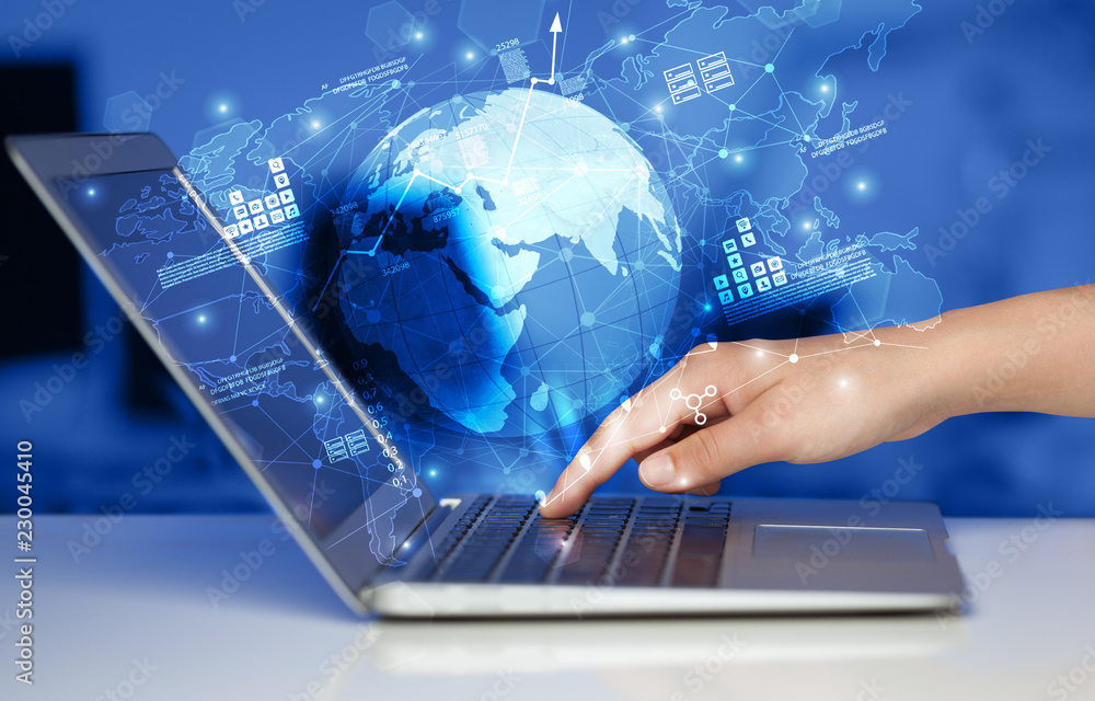 Poster hand using laptop with global reports and stock market change concept