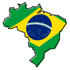 Simplified map of Brazil outline, with slightly bent flag under it.