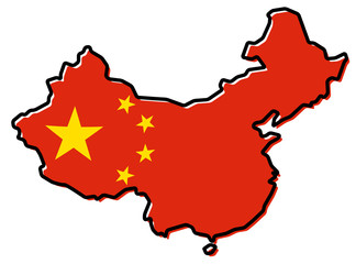 Simplified map of China outline, with slightly bent flag (yellow stars on red field) under it.