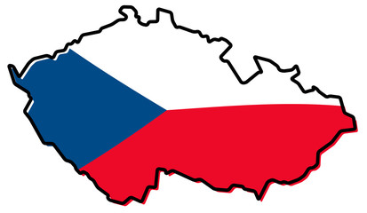 Obraz premium Simplified map of Czechia (Czech Republic) outline, with slightly bent flag under it.