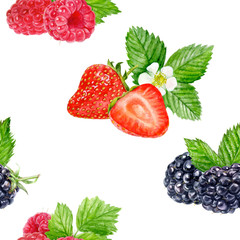 Berries seamless pattern watercolor illustration isolated on white