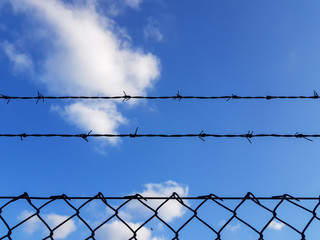 Background of a barbwire fence against a blue sky and clouds - copy space