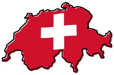 Simplified map of Switzerland outline, with slightly bent flag under it.