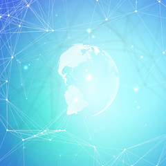 Abstract futuristic network shapes. High tech background, connecting lines and dots, polygonal linear texture. World globe on blue. Global network connections, geometric design, dig data concept.