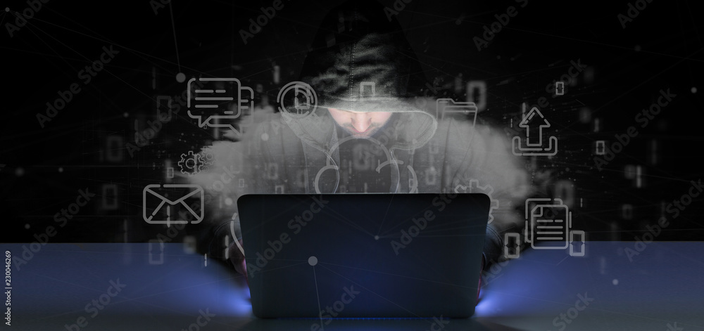 Poster man hacking a cloud of multimedia icon 3d rendering