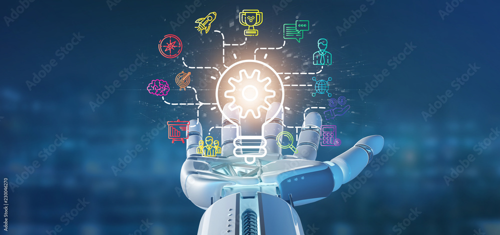 Aufkleber cyborg hand holding a bulb lamp idea concept with start up icon connected 3d rendering