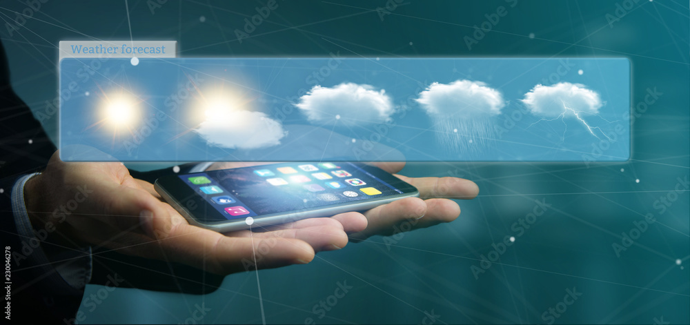 Poster businessman holding a weather forecast widget 3d rendering