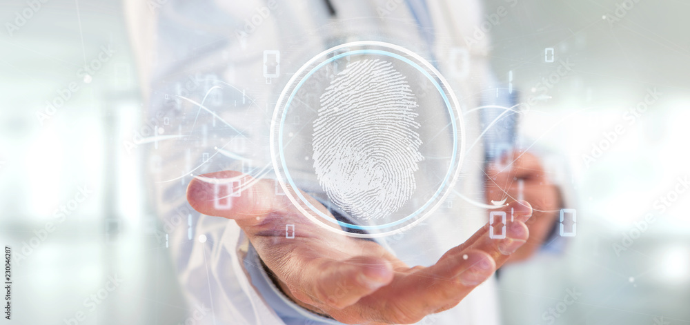 Poster doctor holding a digital fingerprint identification and binary code 3d rendering