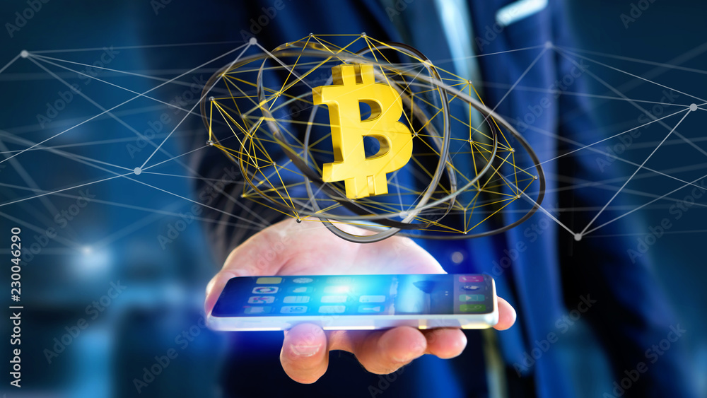 Poster businessman using a smartphone with a bitcoin crypto currency sign flying around a network connectio