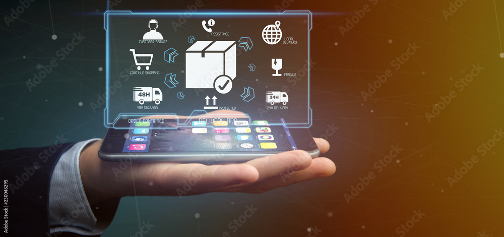 Poster businessman holding a logistic delivery application screen 3d rendering