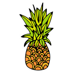 Hand drawn pineapple with black outline isolated on white background. Cartoon pineapple. Vector illustration.