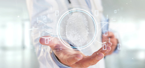 Doctor holding a Digital fingerprint identification and binary code 3d rendering - obrazy, fototapety, plakaty