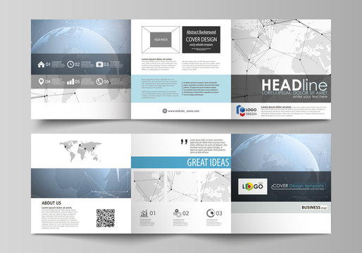The gray colored minimalistic vector illustration of the editable layout. Two creative covers design templates for square brochure. World globe on blue. Global network connections, lines and dots.