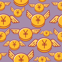 Yen coins with wings, seamless vector pattern, flat line design style