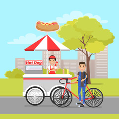 Obraz na płótnie Canvas Hot Dog Van and Client on Sport Bike Vector Card