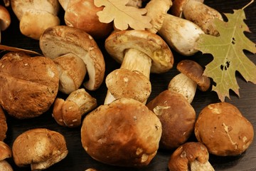 Fototapeta na wymiar Porcini mushrooms on the black wooden table, background