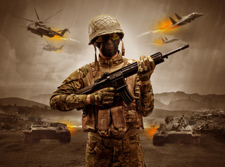 Armed soldier with sniper in the middle of a war
