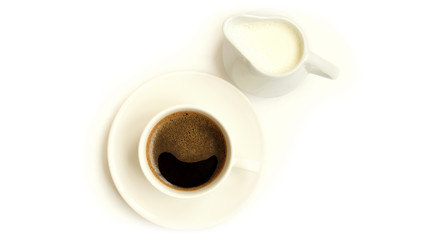 cup of black coffee with milk isolated on white background top view