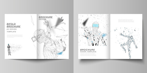 The vector layout of two A4 format cover mockups design templates for bifold brochure, magazine, flyer, booklet, report. Man with glasses of virtual reality. Abstract vr, future technology concept.