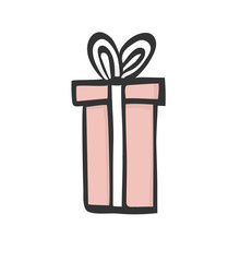 gift icon. Pink, tall and long present box with ribbon. Hand drawing . Doodle style .