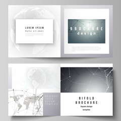Vector layout of two covers templates for square design bifold brochure, flyer. Futuristic geometric design with world globe, connecting lines and dots. Global network connections, technology concept.