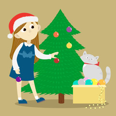 Girl decorates the christmas tree