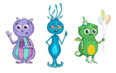 Set with color and lovely monsters with big eyes. Hand drawn illustration with cute characters. sketch marker style