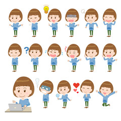 女性　マッシュルームカット　全身　表情　バリエーション