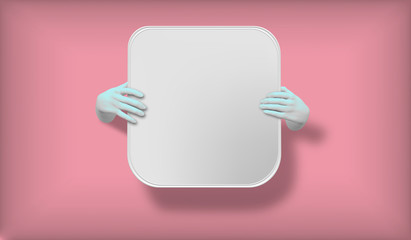 3D vector illustration of blue hands empty frame isolated on pink, abstract fashion background, shop display, mannequin body part, show, presentation