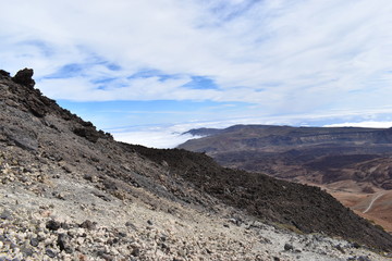 Beautiful scenery over the clouds from the big famous volcano Pico del Teide in Tenerife, Europe